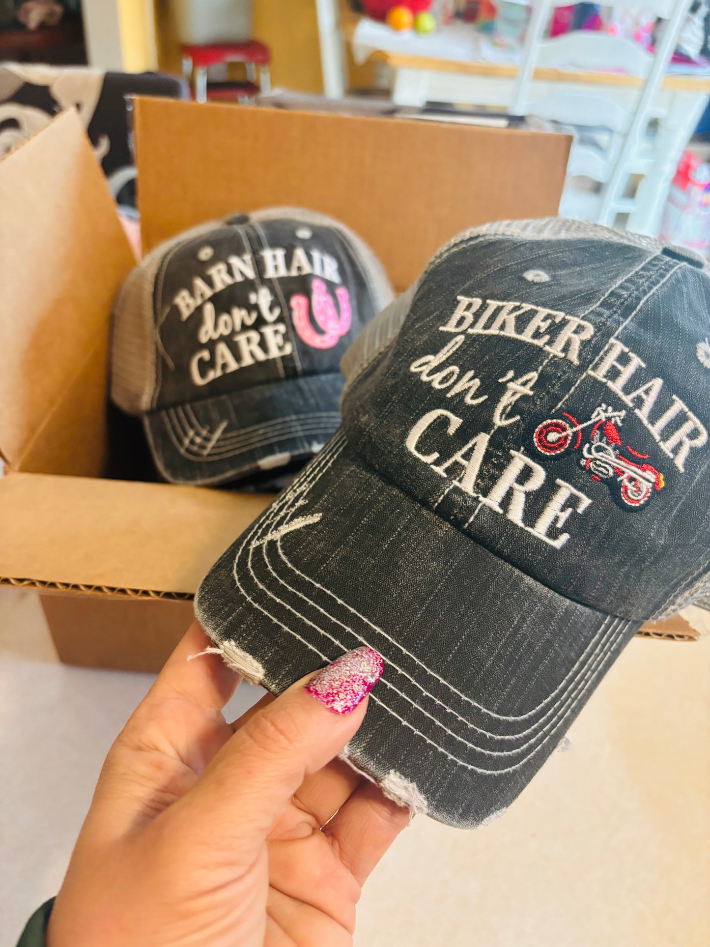 Motorcycle hats Biker hair dont care Embroidered trucker caps - Stacy's Pink Martini Boutique