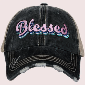 Blessed Hats Simply Blessed Pink or teal cross Gray distressed trucker cap with adjustable velkro Blessed hot mess - Stacy's Pink Martini Boutique