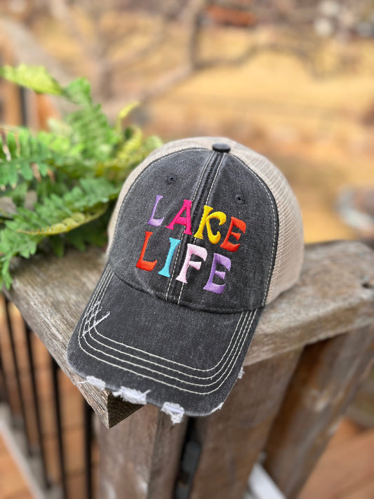 Lake life hats Embroidered distressed unisex trucker caps Lake gifts accessories Womens Mens Kids Girls Summer cabin vacation boating