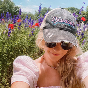 Blessed Hats Simply Blessed Pink or teal cross Gray distressed trucker cap with adjustable velkro Blessed hot mess - Stacy's Pink Martini Boutique
