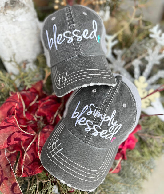 Blessed Hats Simply Blessed Pink or teal cross Gray distressed trucker cap with adjustable velkro Blessed hot mess - Stacy's Pink Martini Boutique