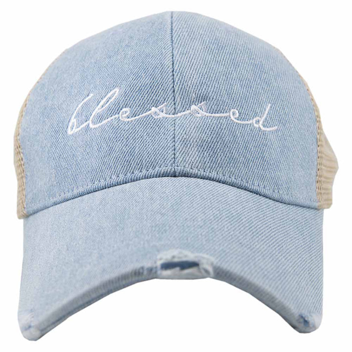 Blessed Hats Simply Blessed Pink or teal cross Gray distressed trucker cap with adjustable velkro Blessed hot mess - Stacy's Pink Martini Boutique