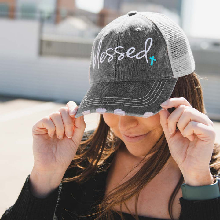 Blessed Hats Simply Blessed Pink or teal cross Gray distressed trucker cap with adjustable velkro Blessed hot mess - Stacy's Pink Martini Boutique