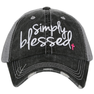 Blessed Hats Simply Blessed Pink or teal cross Gray distressed trucker cap with adjustable velkro Blessed hot mess - Stacy's Pink Martini Boutique