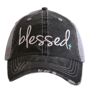Blessed Hats Simply Blessed Pink or teal cross Gray distressed trucker cap with adjustable velkro Blessed hot mess - Stacy's Pink Martini Boutique