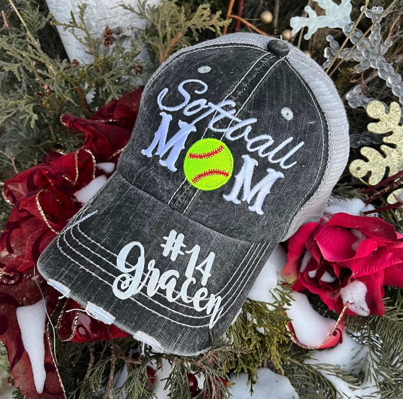 Personalized sports mom hats Baseball mom Softball mom Embroidered distressed trucker caps