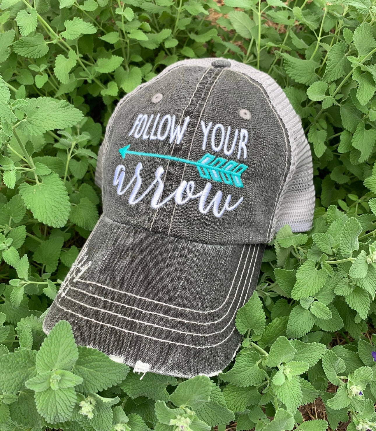 Follow your arrow HATS Embroidered distressed gray trucker caps Unisex Pink or teal arrow Adventures Hiking Path of life - Stacy's Pink Martini Boutique