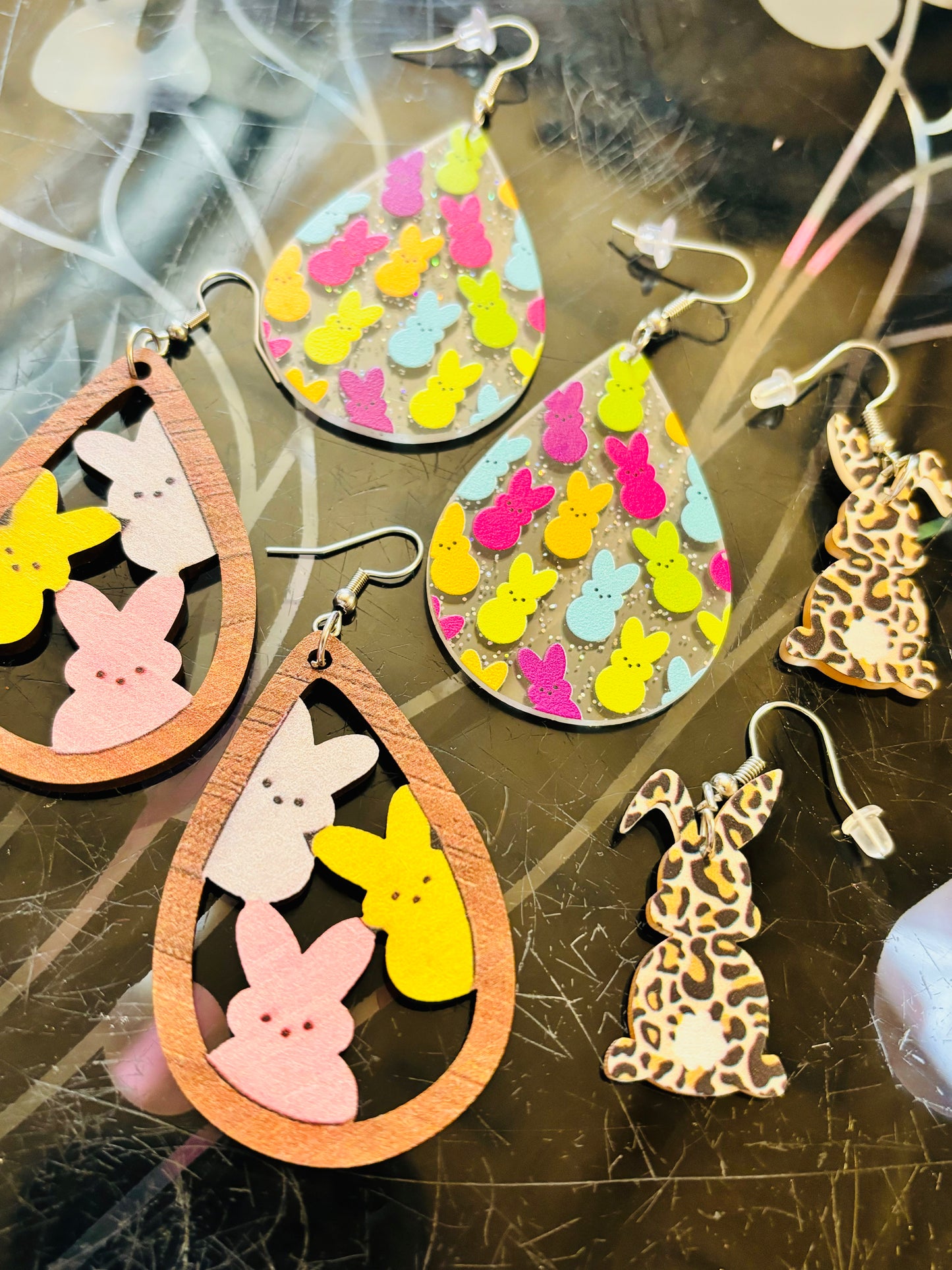 Easter peep earrings Wood teardrop bunnies