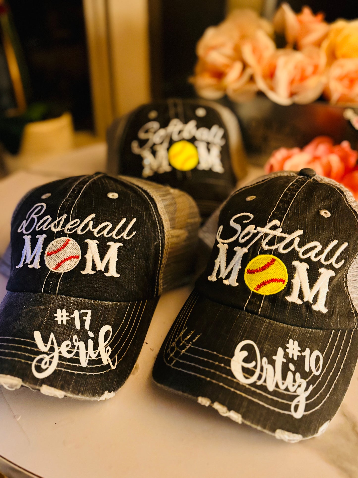 Personalized sports mom hats Baseball mom Softball mom Embroidered distressed trucker caps