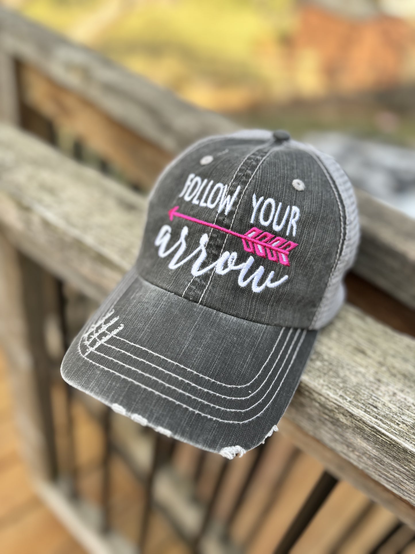Follow your arrow HATS Embroidered distressed gray trucker caps Unisex Pink or teal arrow Adventures Hiking Path of life - Stacy's Pink Martini Boutique