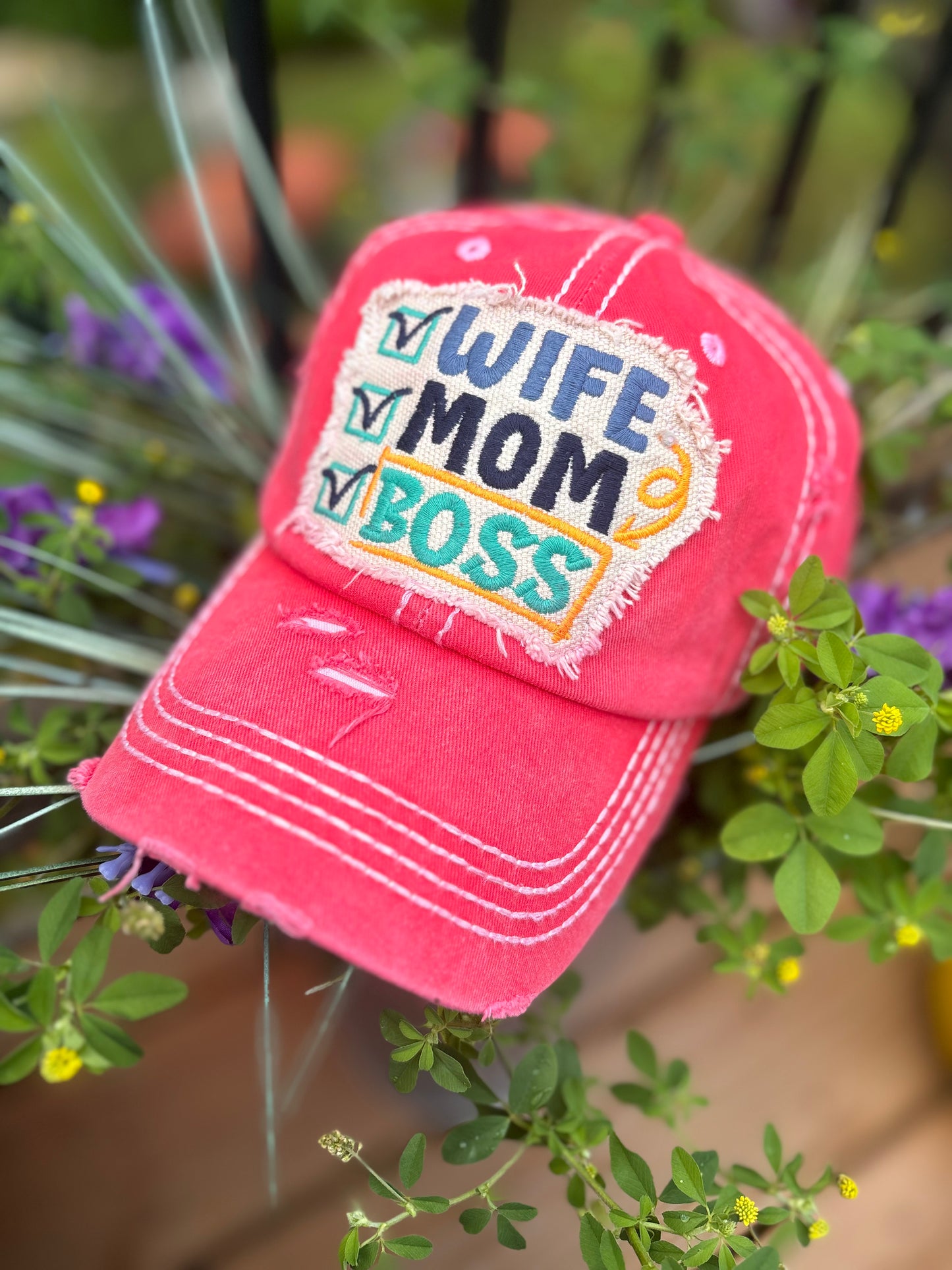 Mom Wife Boss hat Salmon colored embroidered adjustable Womens pink orange cap