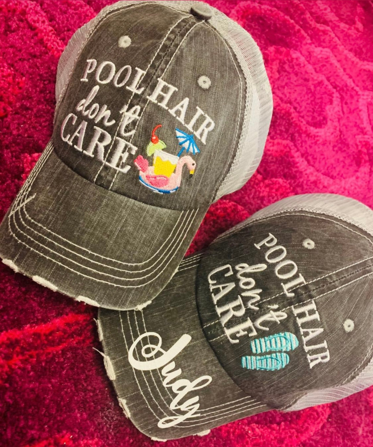 Pool hats Embroidered gray distressed unisex trucker caps Pool hair dont care Pool please Flamingos Flip flops - Stacy's Pink Martini Boutique