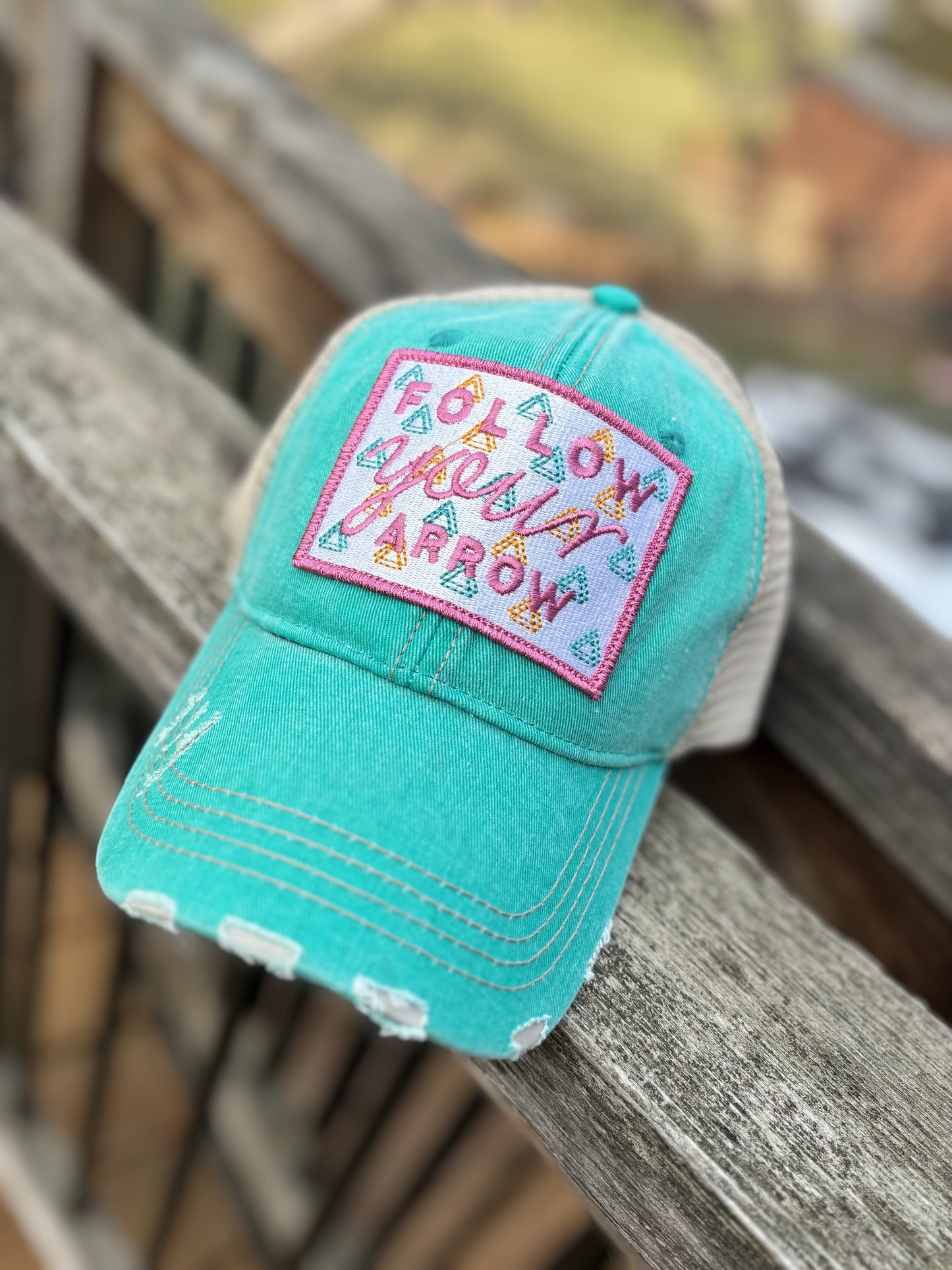 Follow your arrow HATS Embroidered distressed gray trucker caps Unisex Pink or teal arrow Adventures Hiking Path of life - Stacy's Pink Martini Boutique