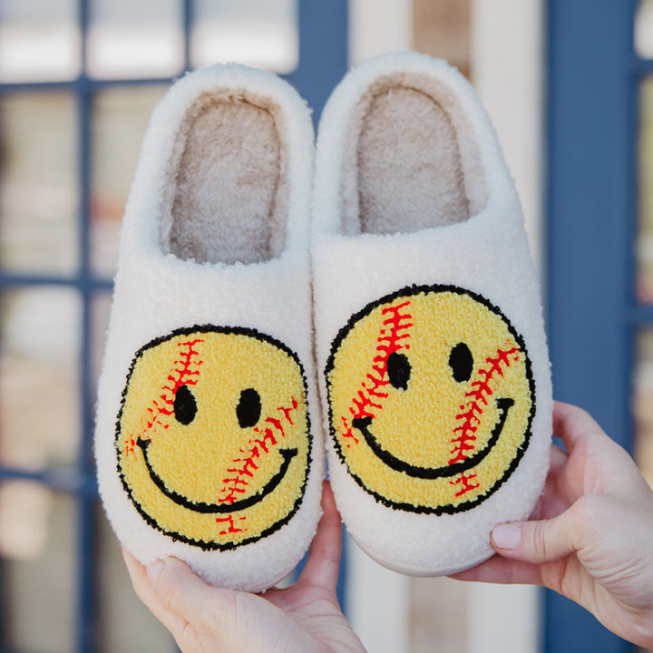 Softball smiley face slippers Unisex happy smile footwear Sports Softball moms Players Team Coach Tournament Girls Baseball Bows Checkered Pink lightning Leopard Mama Santa Reindeer Gingerbread Cowboy boots Cowboy hat