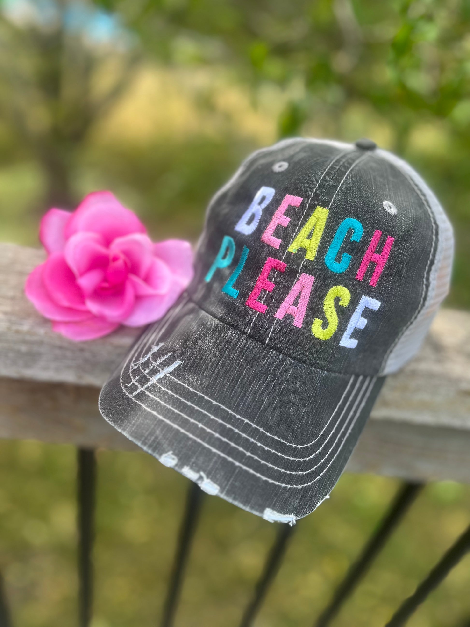 Beach hats and tanks Embroidered distressed trucker caps. - Stacy's Pink Martini Boutique