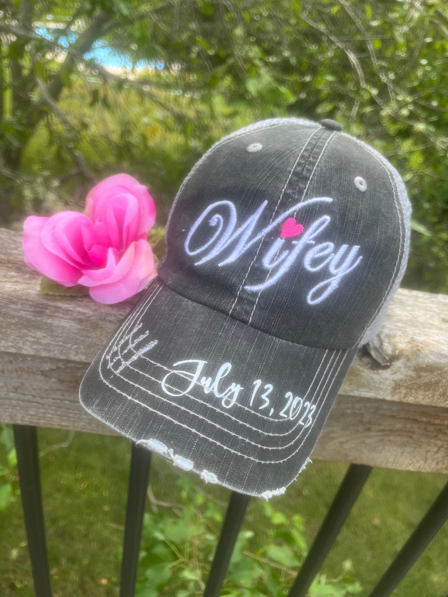 Happy wife happy life Trophy wife Aint no wifey Womens trucker caps Personalize with wedding dates last name - Stacy's Pink Martini Boutique
