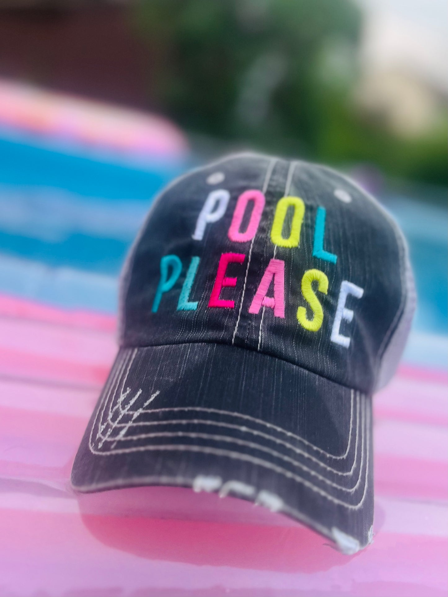 Pool hats Embroidered gray distressed unisex trucker caps Pool hair dont care Pool please Flamingos Flip flops - Stacy's Pink Martini Boutique