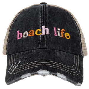 Hola beaches hats! | Womens embroidered trucker cap | Personalize | Beach hats | Cute palm trees, sunshine, waves and seashell | Girls weekend accessories. - Stacy's Pink Martini Boutique