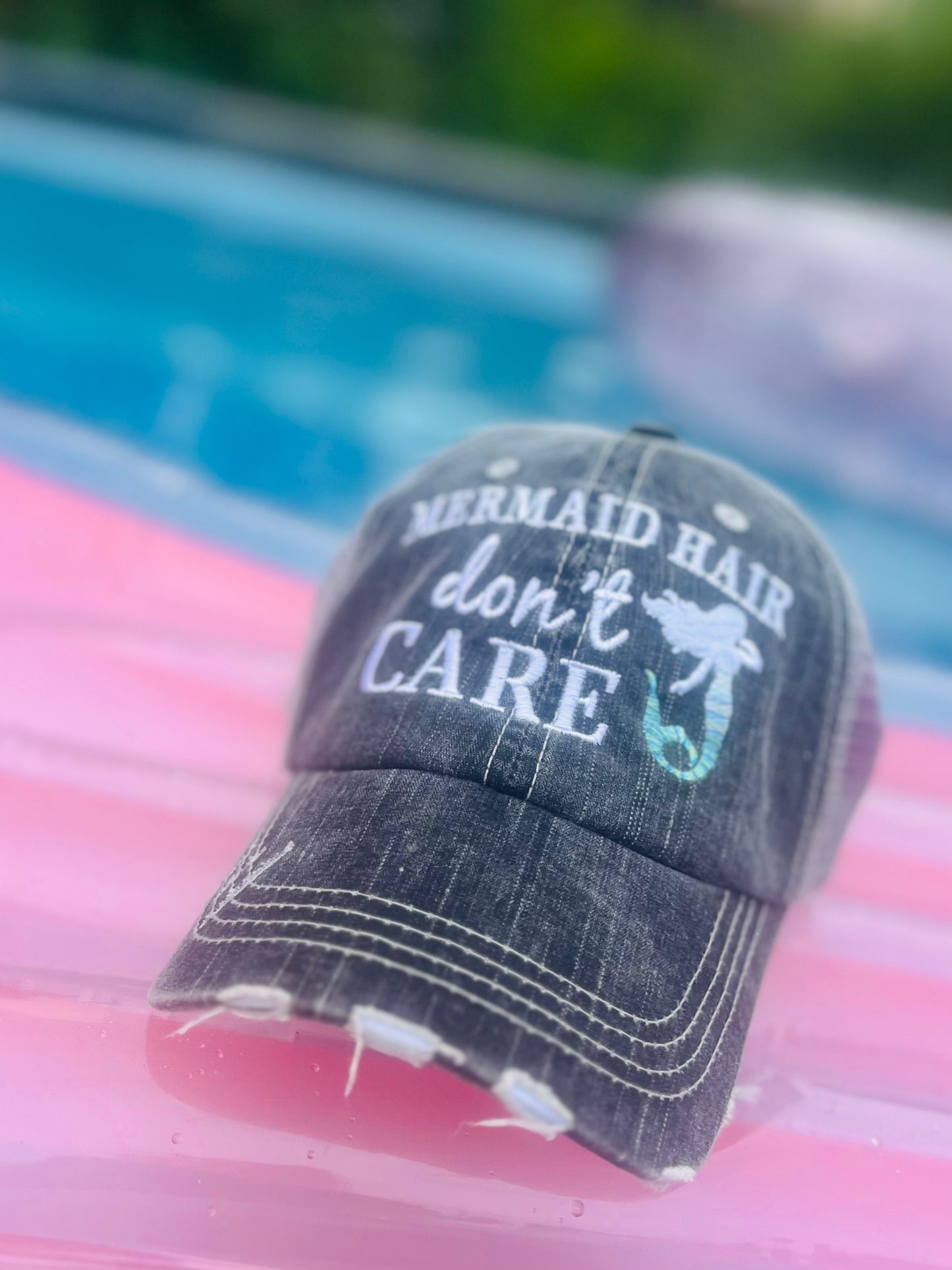 Pool hats Embroidered gray distressed unisex trucker caps Pool hair dont care Pool please Flamingos Flip flops - Stacy's Pink Martini Boutique