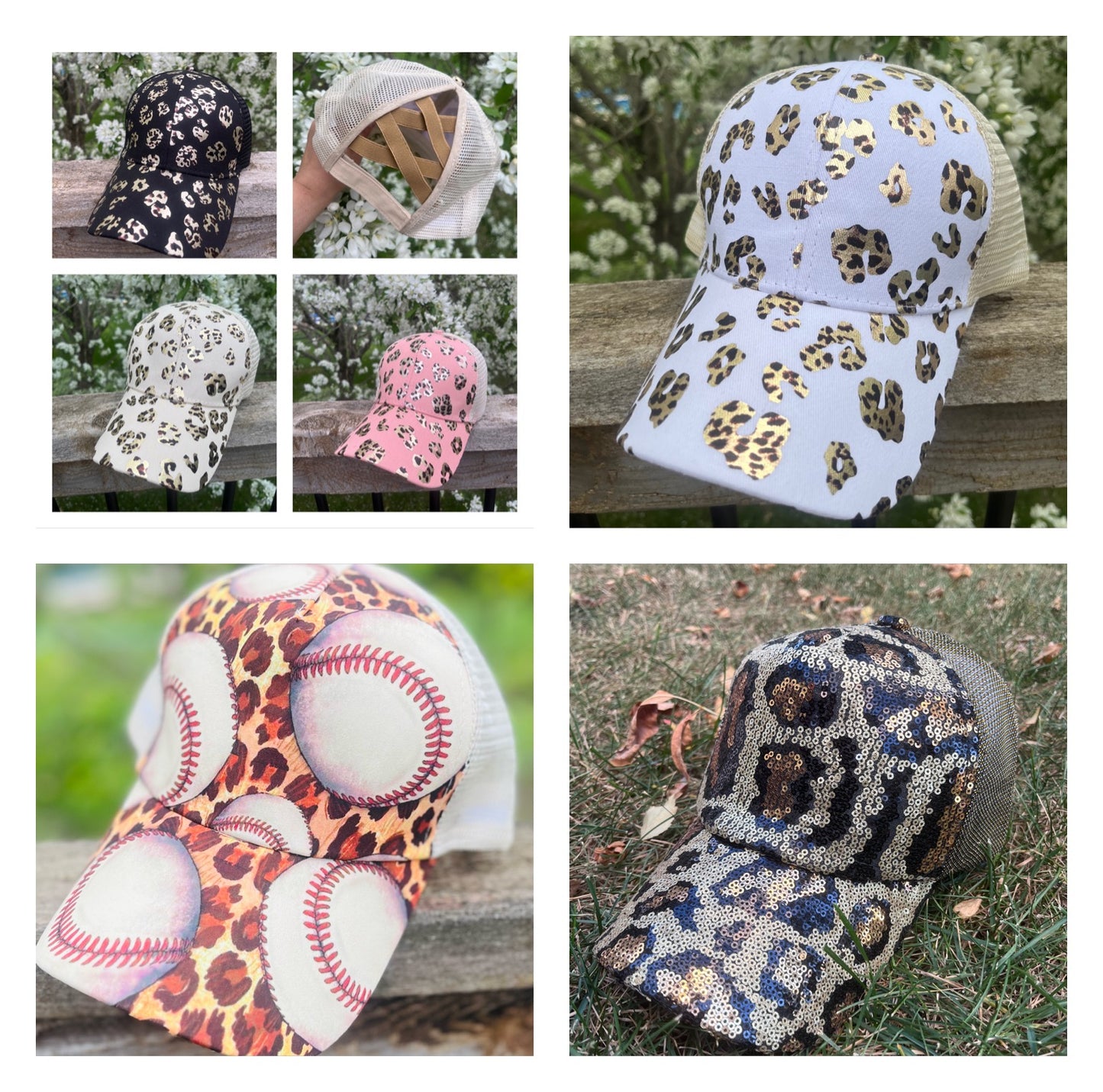 Blank metallic leopard animal print hats Cris cross elastic back with adjustable velkro Creamy white Ships TODAY!