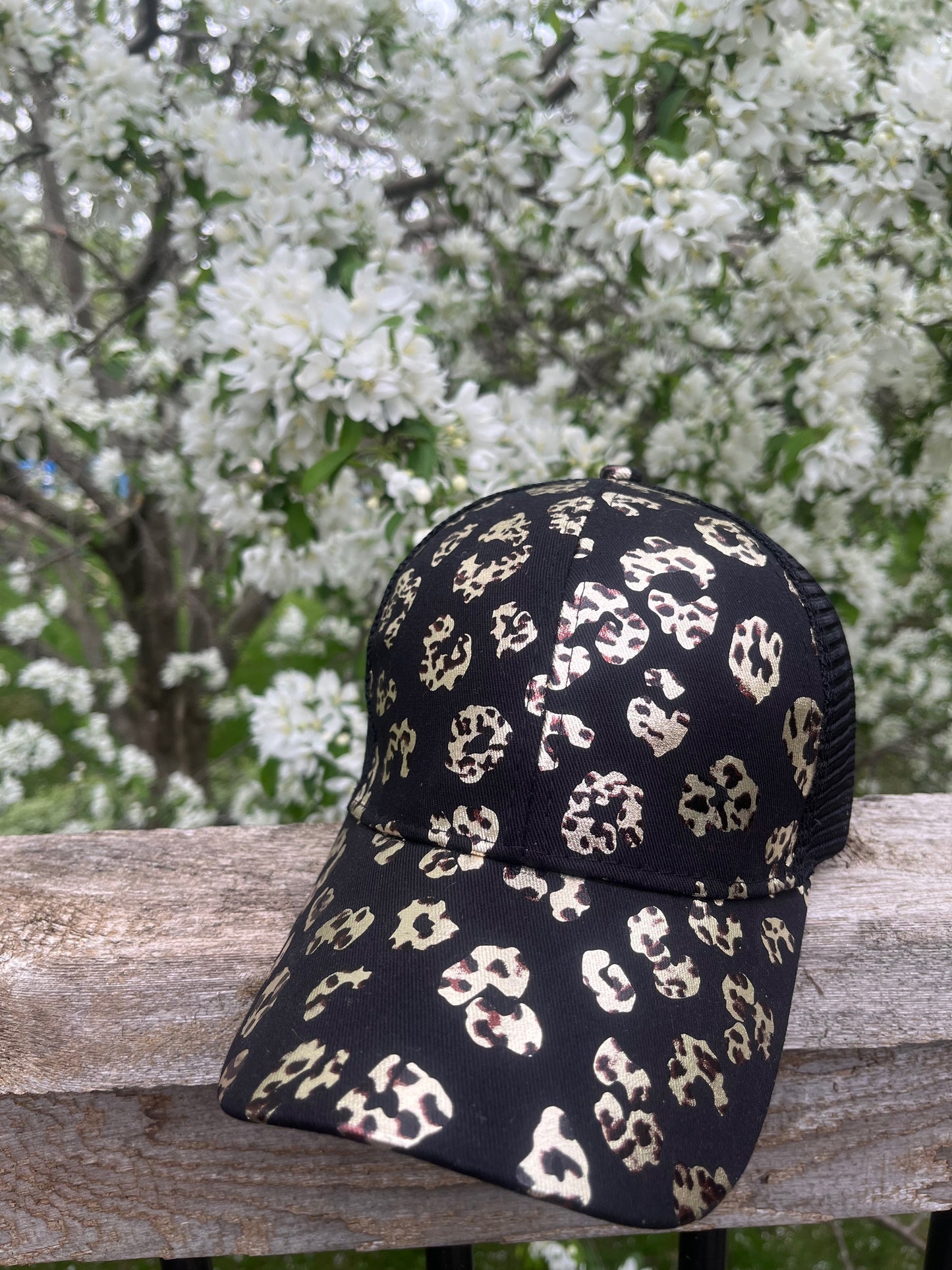 Blank metallic leopard animal print hats Cris cross elastic back with adjustable velkro Creamy white Ships TODAY!