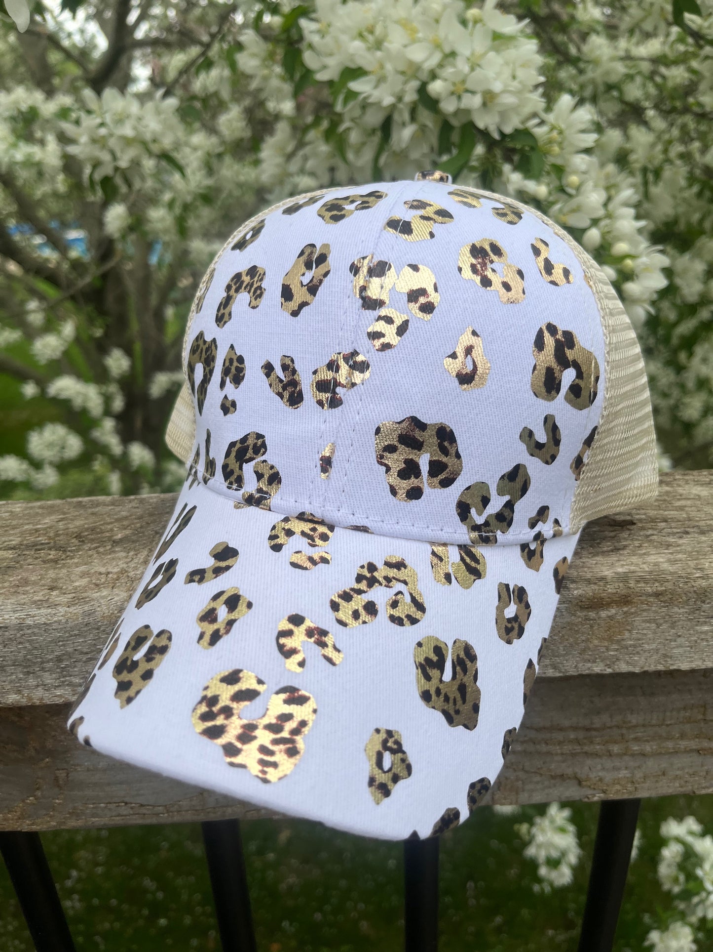 Blank metallic leopard animal print hats Cris cross elastic back with adjustable velkro Creamy white Ships TODAY!
