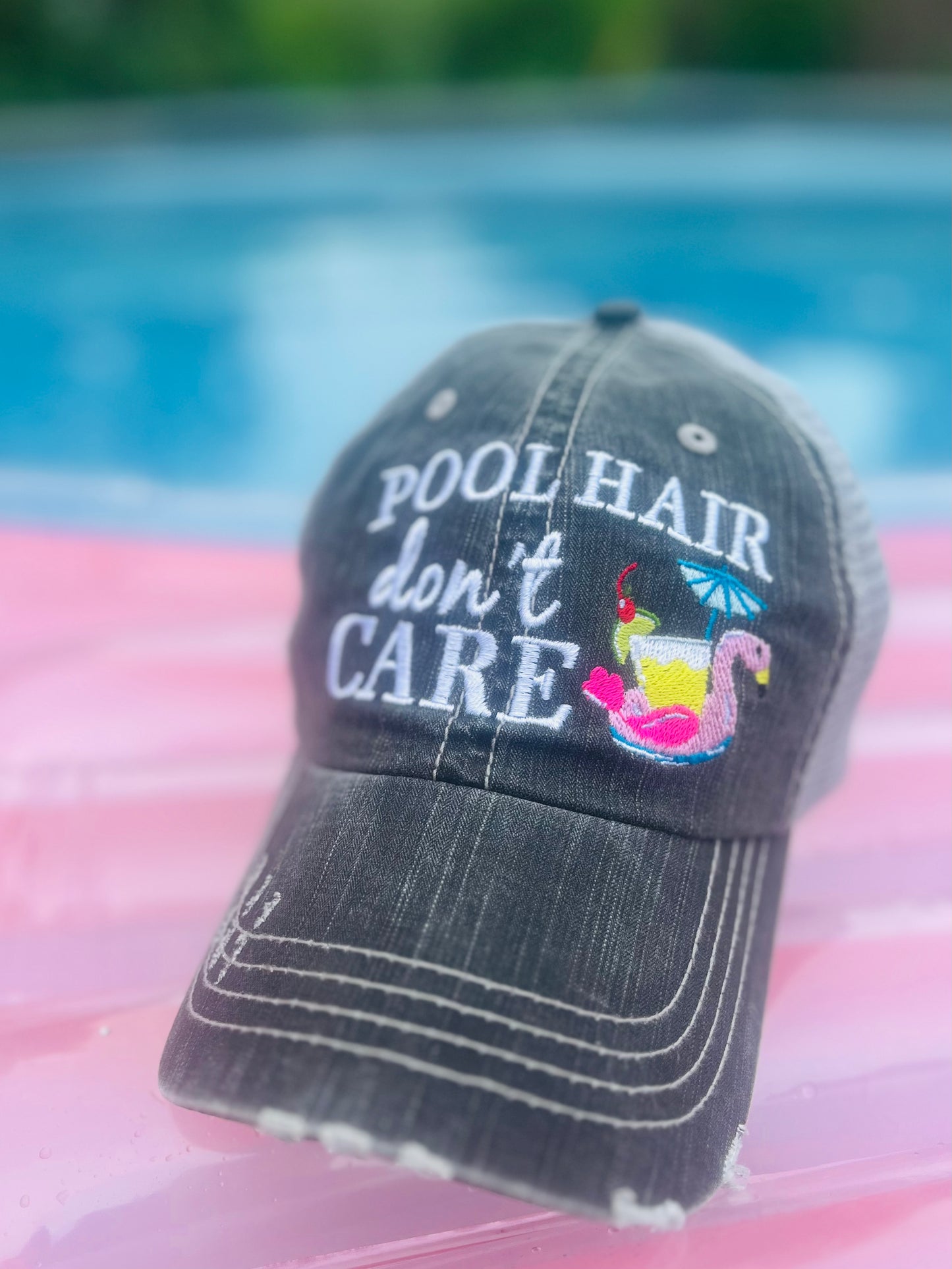 Pool hats Embroidered gray distressed unisex trucker caps Pool hair dont care Pool please Flamingos Flip flops - Stacy's Pink Martini Boutique