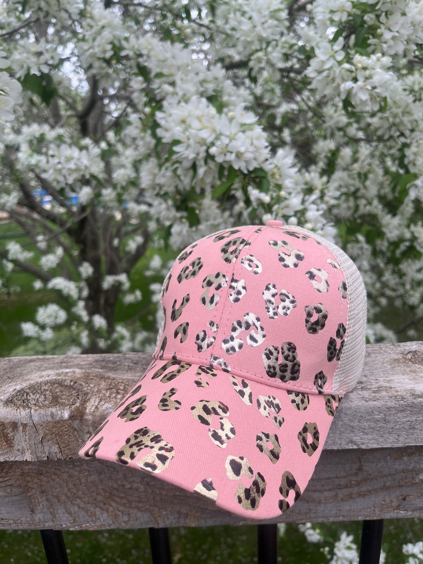 Blank metallic leopard animal print hats Cris cross elastic back with adjustable velkro Creamy white Ships TODAY!