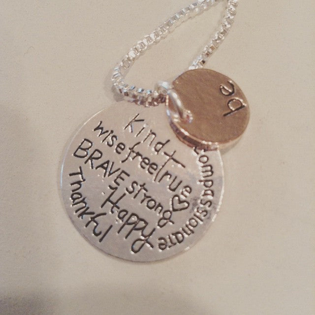 Necklace { Be Kind, Wise, Compassionate, Free, True, Brave, Strong, Happy, Thankful } Silver and bronze. - Stacy's Pink Martini Boutique