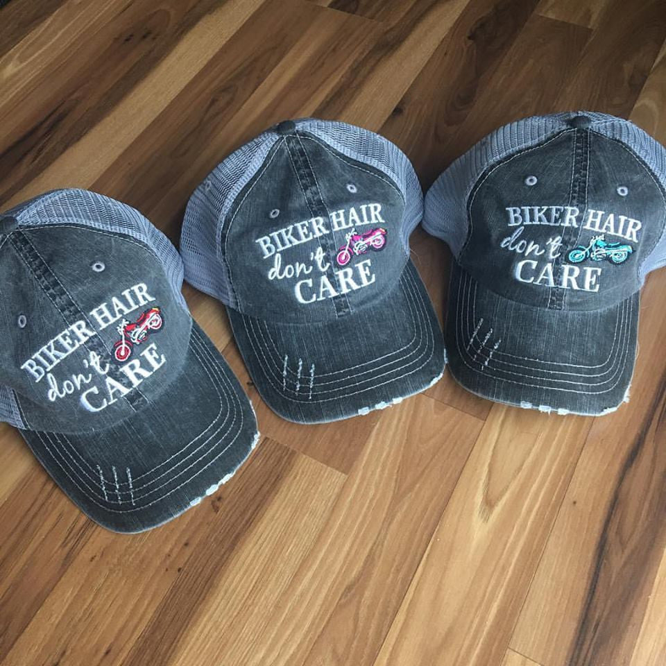 Motorcycle hats Biker hair dont care Embroidered trucker caps - Stacy's Pink Martini Boutique