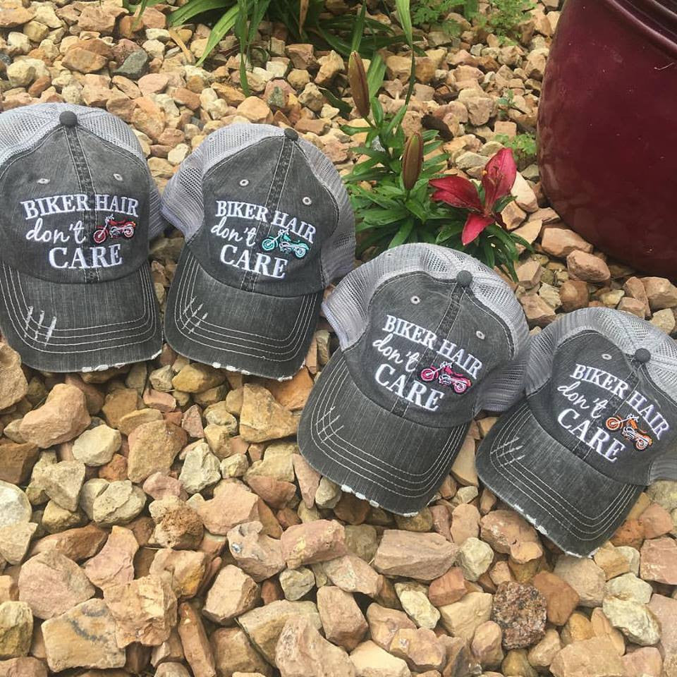 Motorcycle hats Biker hair dont care Embroidered trucker caps - Stacy's Pink Martini Boutique