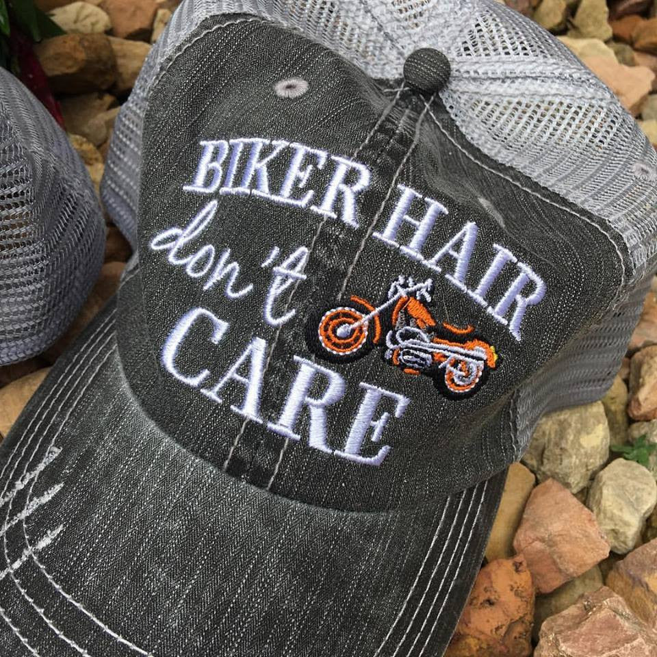 Motorcycle hats Biker hair dont care Embroidered trucker caps - Stacy's Pink Martini Boutique