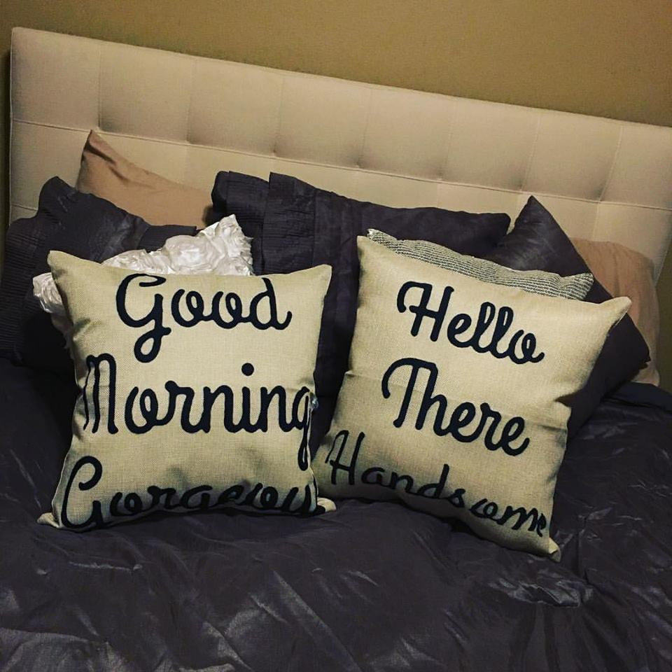 Pillow Set { Good morning gorgeous. Hello there handsome } Burlap. Great gift for a wedding, shower or yourself! Pillowcases or pillows filled. 17 x 17 burlap zipper closure. - Stacy's Pink Martini Boutique