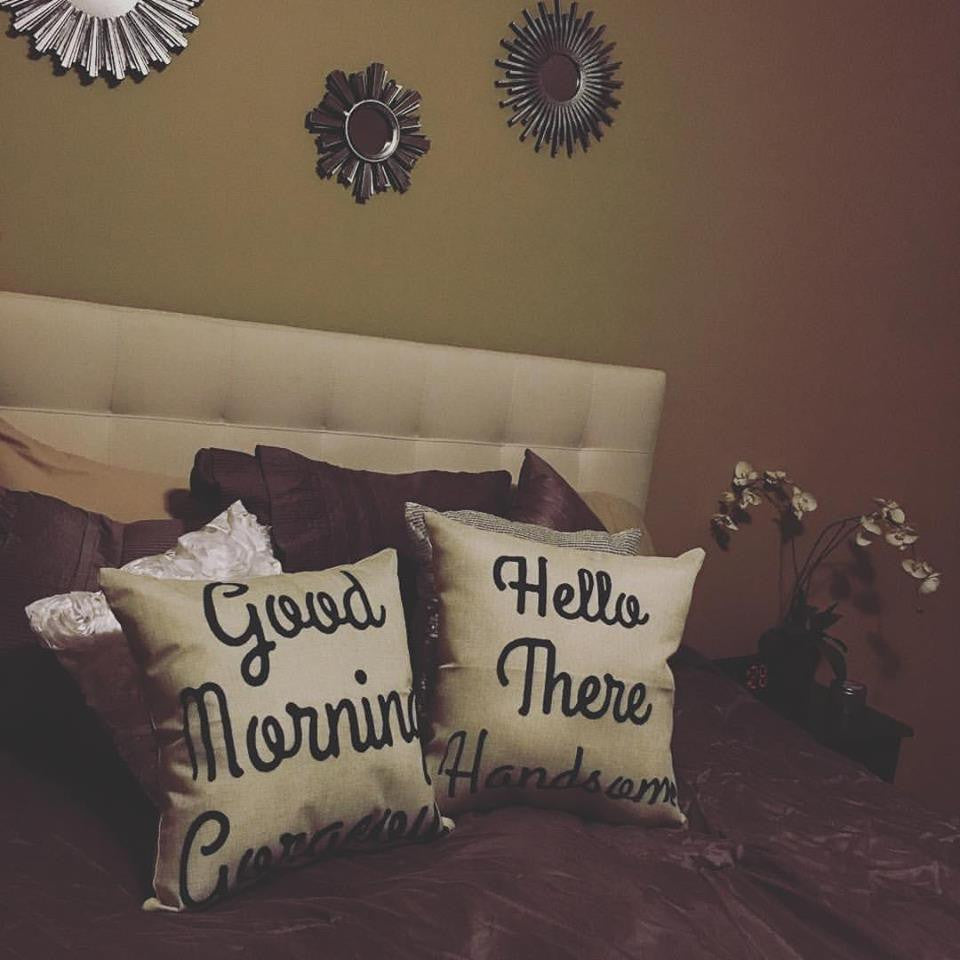 Pillow Set { Good morning gorgeous. Hello there handsome } Burlap. Great gift for a wedding, shower or yourself! Pillowcases or pillows filled. 17 x 17 burlap zipper closure. - Stacy's Pink Martini Boutique