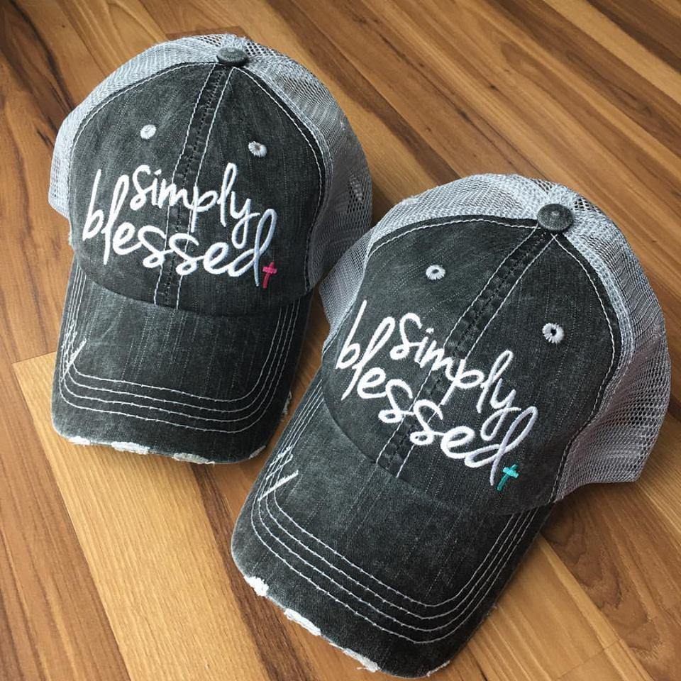 Blessed Hats { Simply Blessed } Pink or teal cross. Gray distressed trucker cap with adjustable Velcro. - Stacy's Pink Martini Boutique