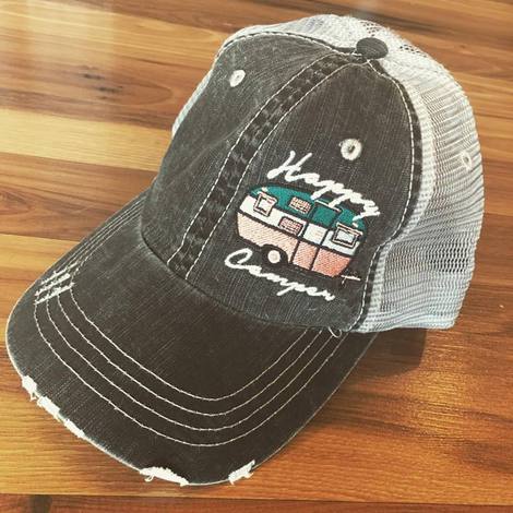 Hats or tanks { I'M A HAPPY CAMPER } { Camping hair don’t care } { Camping life } { Glamping hair don’t care } Embroidered distressed gray unisex trucker caps. Adjustable Velcro and hole for pony. RV there yet? - Stacy's Pink Martini Boutique