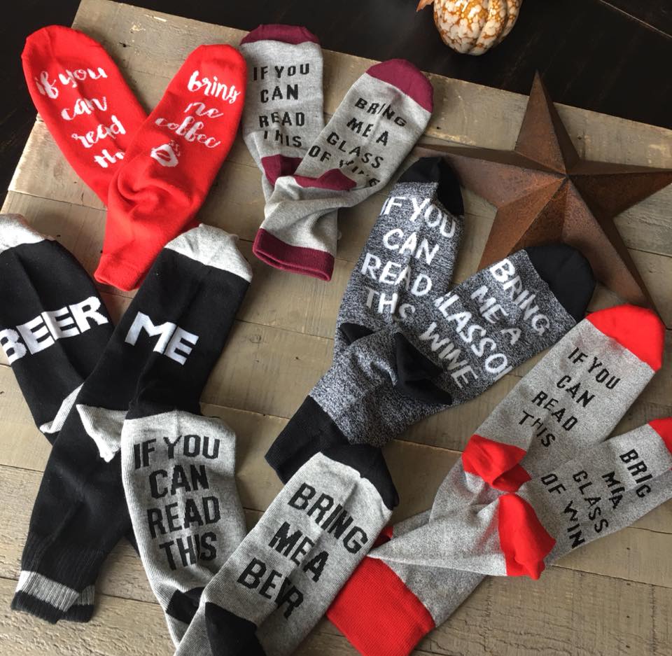 Socks! Wi-ne , be-er, coffee, chocolate, kisses, bacon! If you can read this bring me.... - Stacy's Pink Martini Boutique