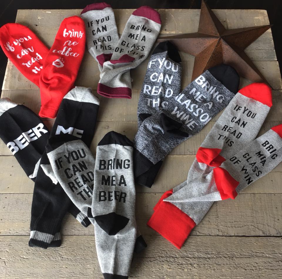 Socks! Wi-ne , be-er, coffee, chocolate, kisses, bacon! If you can read this bring me.... - Stacy's Pink Martini Boutique