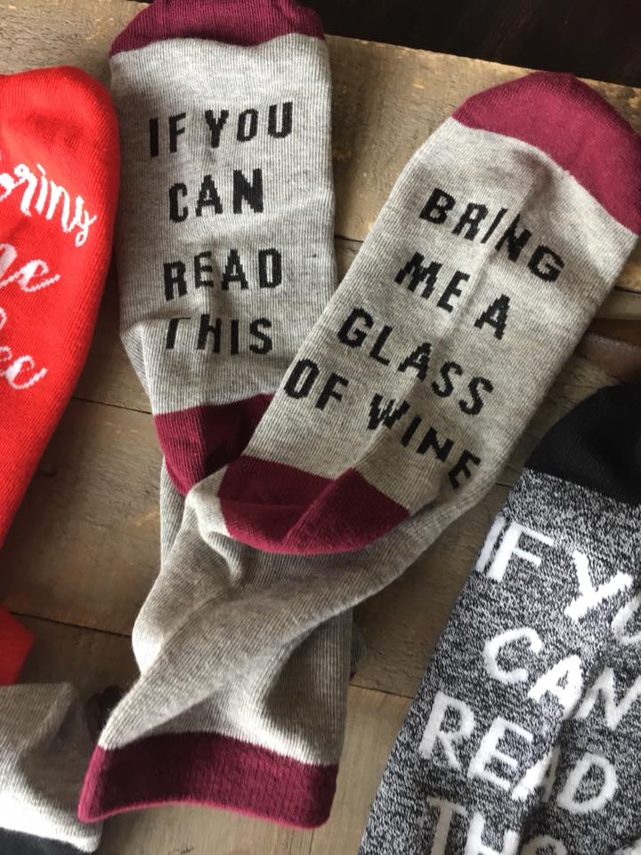 Socks! Wi-ne , be-er, coffee, chocolate, kisses, bacon! If you can read this bring me.... - Stacy's Pink Martini Boutique