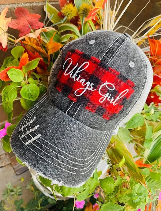 Personalized hats Vikings girl Hockey mom Football nana Buffalo plaid red and black Womens distressed trucker cap