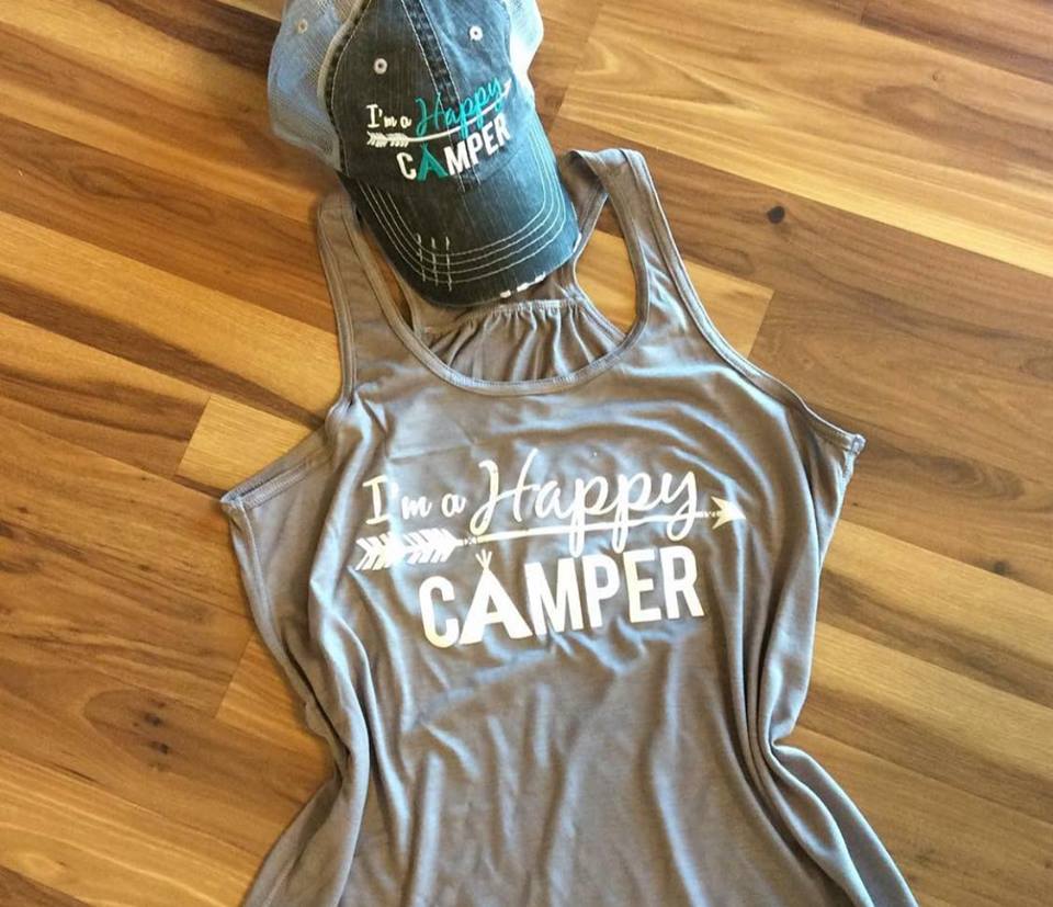 Hats or tanks { I'M A HAPPY CAMPER } { Camping hair don’t care } { Camping life } { Glamping hair don’t care } Embroidered distressed gray unisex trucker caps. Adjustable Velcro and hole for pony. RV there yet? - Stacy's Pink Martini Boutique