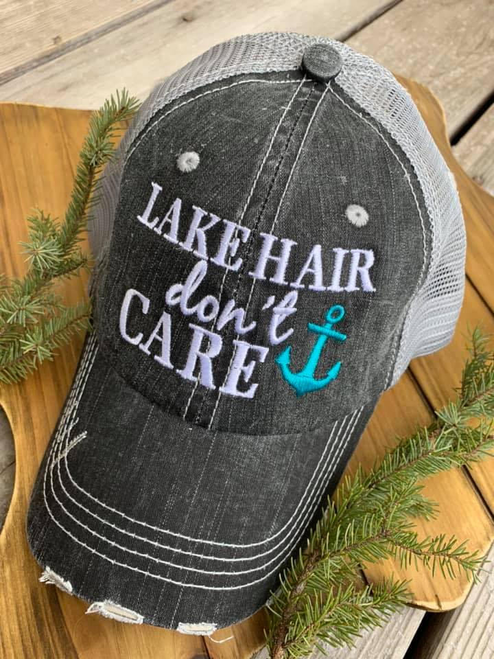 Lake hats! Lake hair dont care | Gray trucker cap-teal, pink, purple anchor | Unisex-Womens-Men-Kids - Stacy's Pink Martini Boutique
