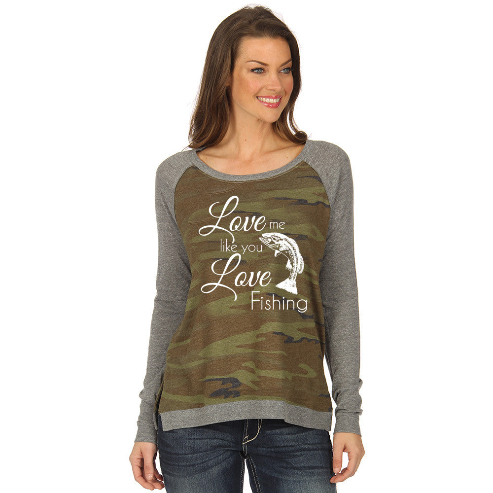 Tshirts, tank, long sleeve and hats {Love me like you love fishing} Camoflauge greens. Fish. - Stacy's Pink Martini Boutique