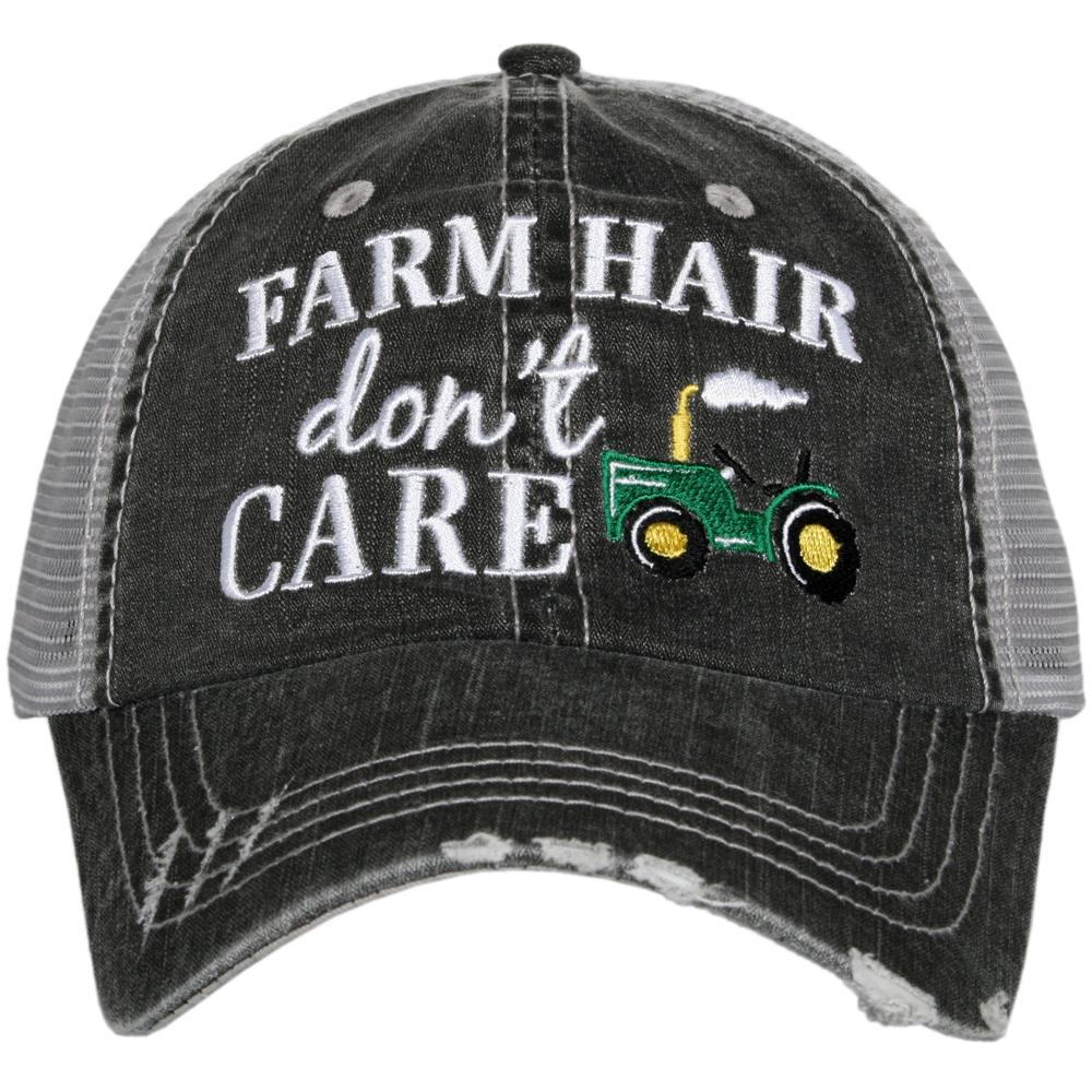 Hat { Farm hair dont care } Tractor. John Deer. Gray with white embroidered letters. Distressed trucker cap. Adjustable velcro. - Stacy's Pink Martini Boutique