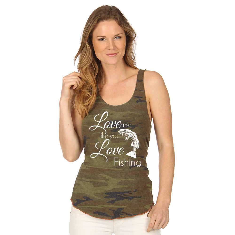 Tshirts, tank, long sleeve and hats {Love me like you love fishing} Camoflauge greens. Fish. - Stacy's Pink Martini Boutique