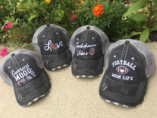 Personalized football hats! FOOTBALL Mom hats Embroidered trucker caps Assorted styles - Stacy's Pink Martini Boutique