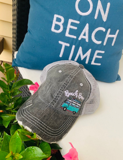 Hat { Beach Bum } 3 styles / colors. Seashells. Embroidered distressed trucker caps with adjustable velcro and hole for pony. - Stacy's Pink Martini Boutique