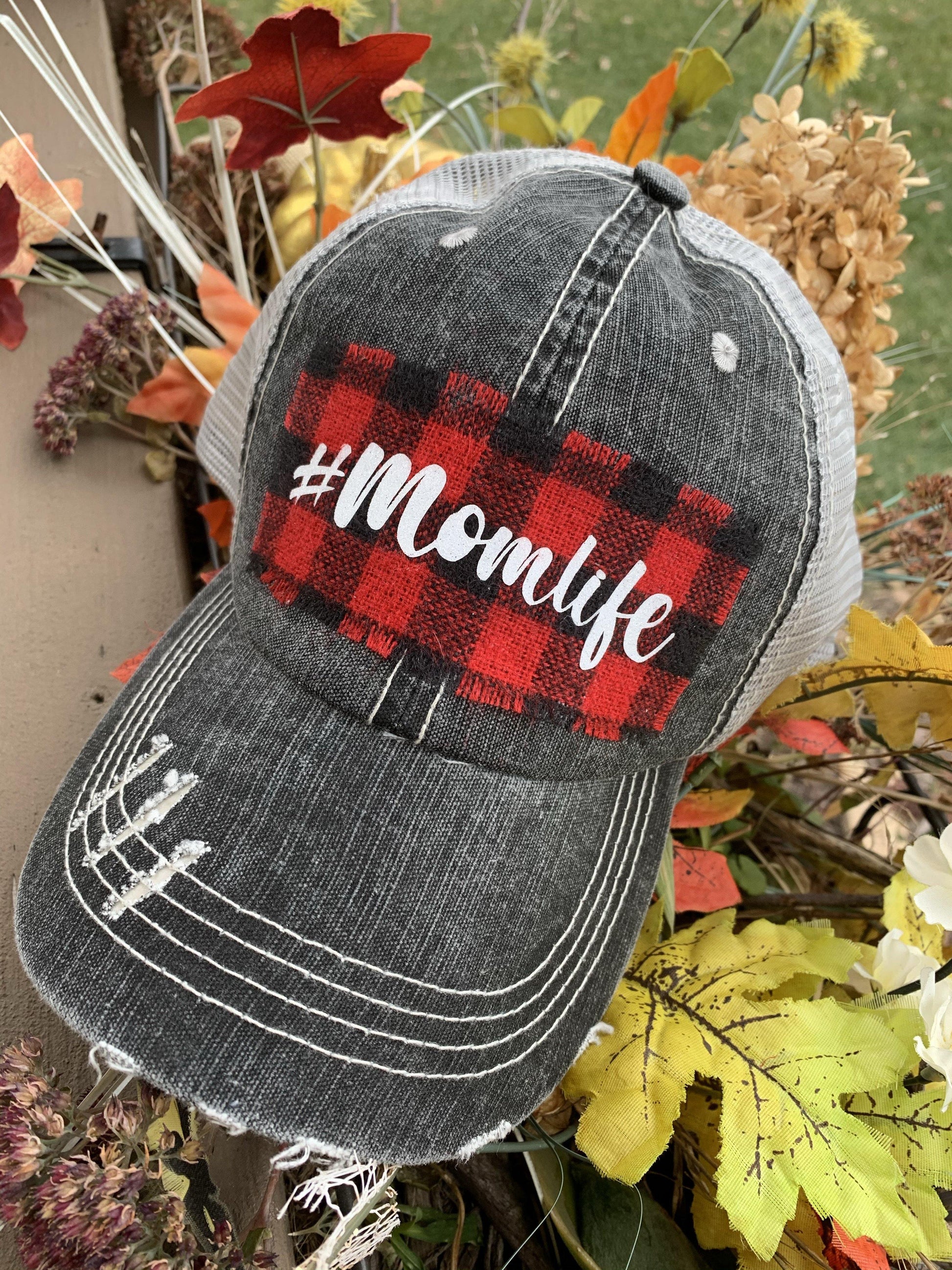 Hats { Blessed mama } Gray distressed with buffalo plaid in red and black check adjustable Velcro. Any custom sating available. - Stacy's Pink Martini Boutique