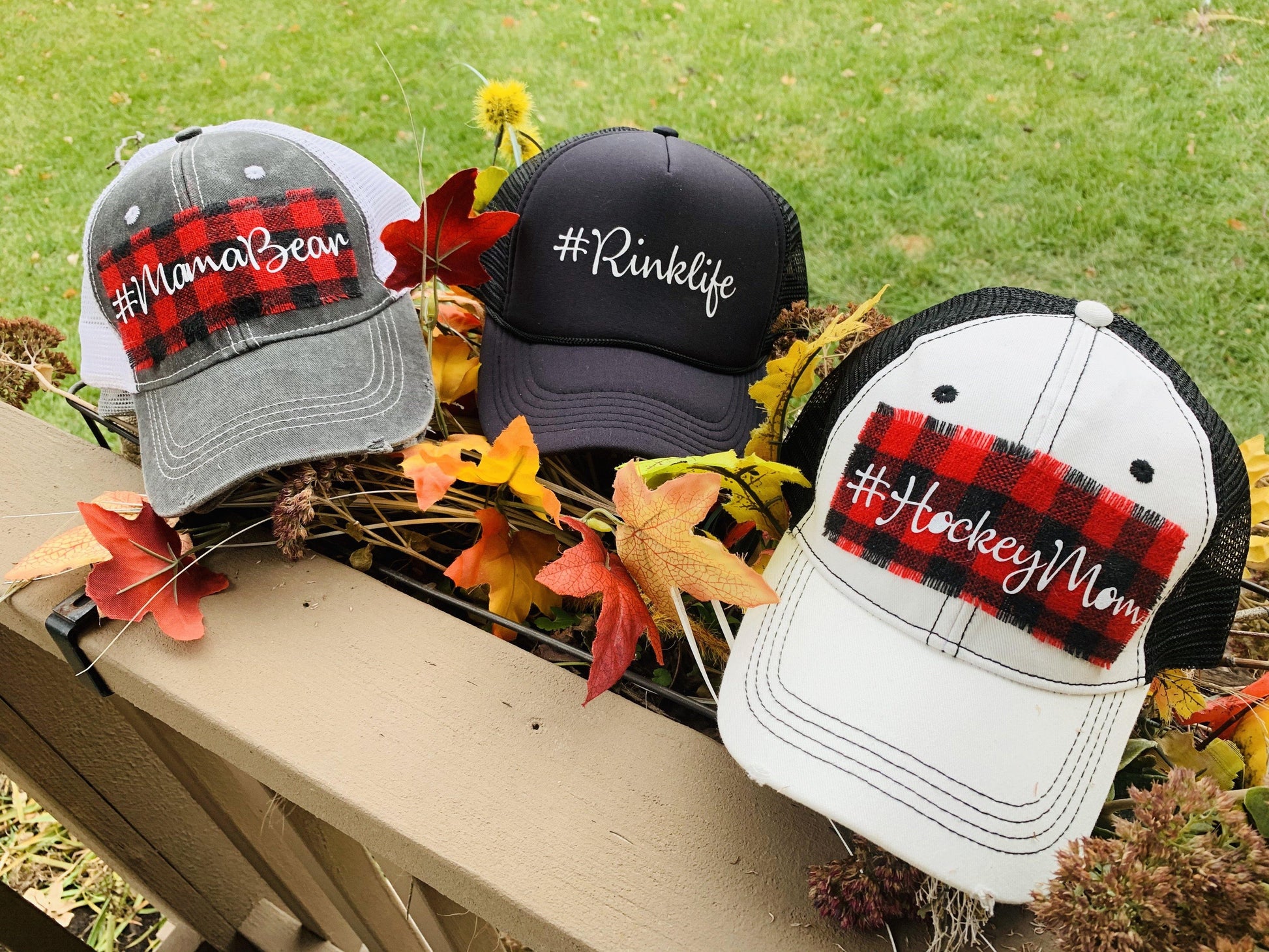 Hats { Blessed mama } Gray distressed with buffalo plaid in red and black check adjustable Velcro. Any custom sating available. - Stacy's Pink Martini Boutique