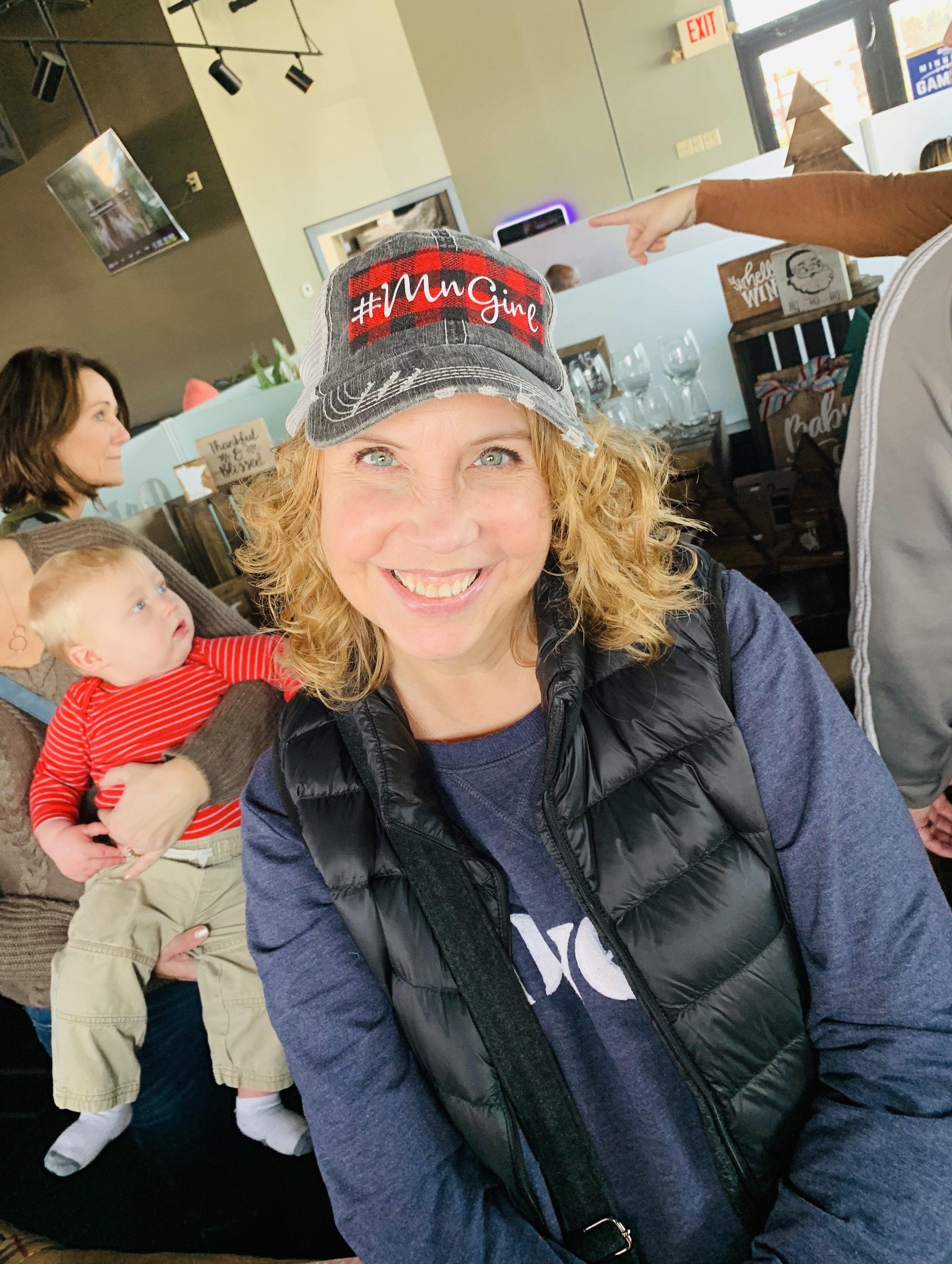 Hats { Blessed mama } Gray distressed with buffalo plaid in red and black check adjustable Velcro. Any custom sating available. - Stacy's Pink Martini Boutique